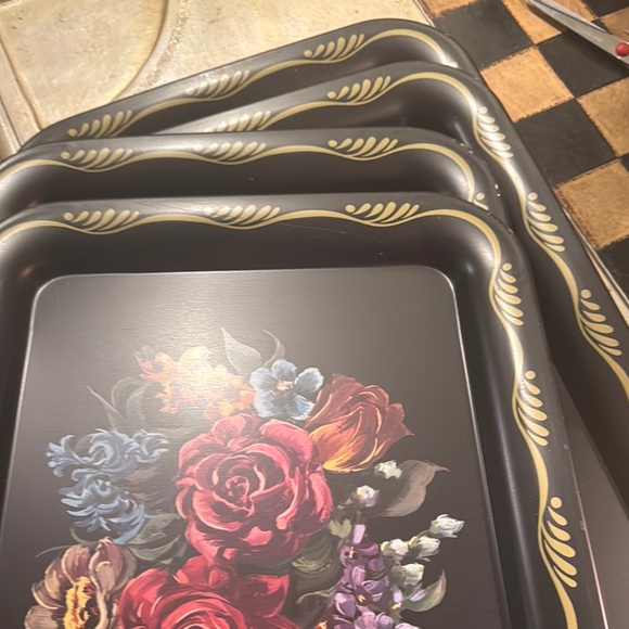 Floral Black Serving Tray Set